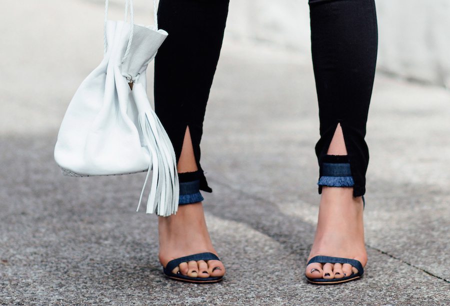 denim fringe sandals | by the skinny confidential
