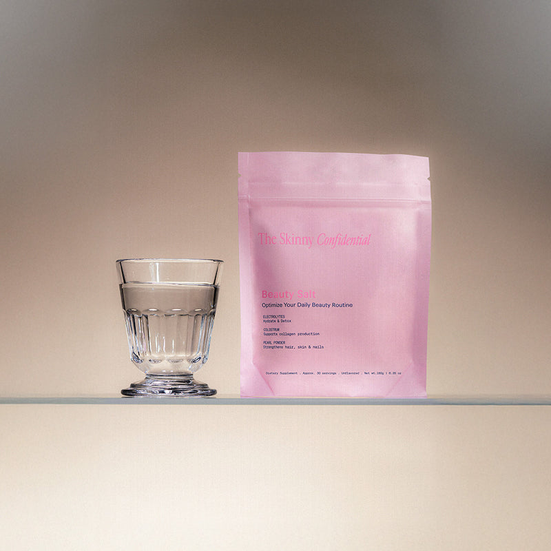 The Skinny Confidential Beauty Salt pink packaging.